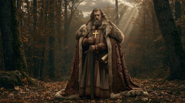 Europe medieval lifestyle. A dramatic portrayal of a bearded man dressed in medieval attire, standing in a forest. He wears a furlined cloak with intricate red and gold patterns.