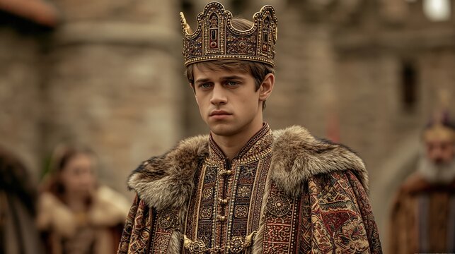 Europe medieval lifestyle. A detailed portrayal of a young man wearing a regal, ornate crown, standing in a historical setting.