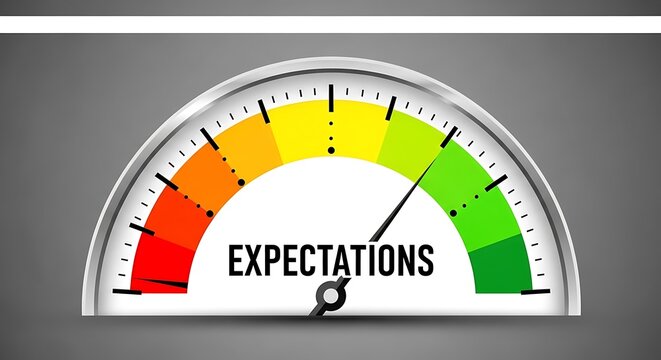 A semicircular gauge displays the word expectations with a needle pointing towards the green section