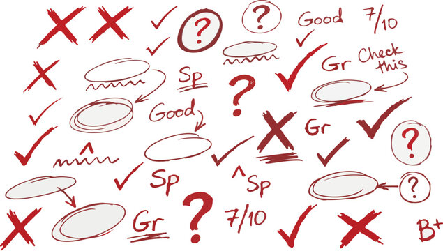 Red pen grading marks corrections grammar spelling checks vector collage