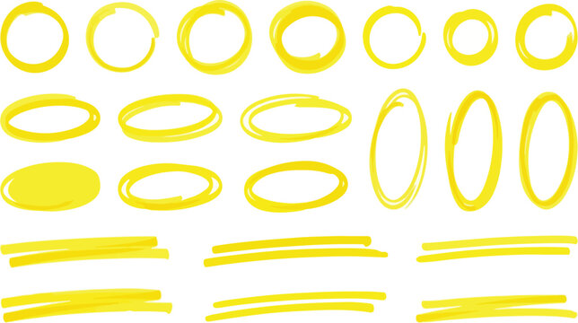 Yellow highlighter marker circle loops oval rings and underline strokes