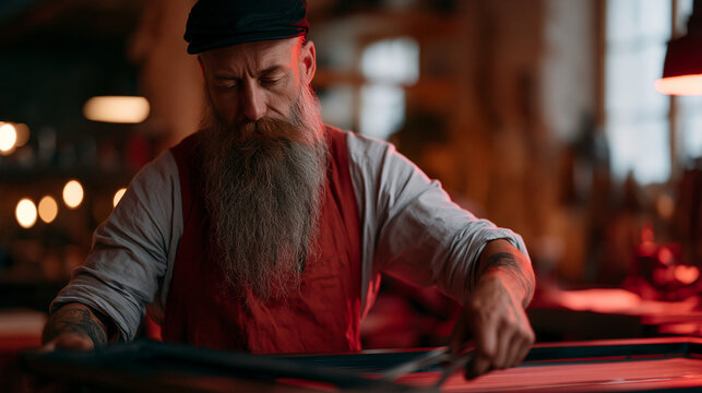 wet plate collodion glass ambrotype emerging from developer tray under red safelight as a technician lifts it with tongs, image of a bearded sitter materializing through chemical