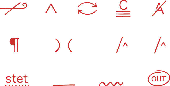 Red proofreading marks editing symbols and grammar correction handwritten vector