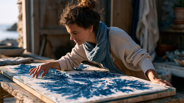 cyanotype artist arranging a family of seaweed specimens directly onto sensitized paper inside a garden shed, pressing a glass plate over the composition before carrying the board
