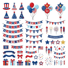Fototapeta premium USA Independence Day Party Decoration Elements Collection with American Flag Vector Set