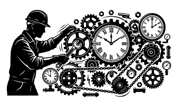Industrial engineering vector artwork with worker mechanical gears clockwork and pulley machinery isolated on white background