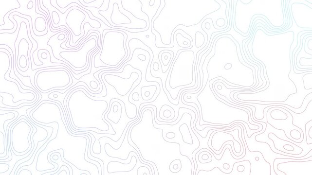 Abstract topographic map contour lines with gradient colors moving slow on white background.