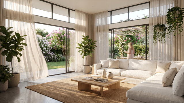 Dreamy Summer Home Interior
Spacious modern home interior with floor-to-ceiling windows and open glass doors leading to a sunlit garden. White sofa, light wood furniture, lush greenery, warm summer br