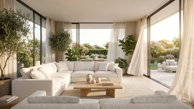 Dreamy Summer Home Interior
Spacious modern home interior with floor-to-ceiling windows and open glass doors leading to a sunlit garden. White sofa, light wood furniture, lush greenery, warm summer br