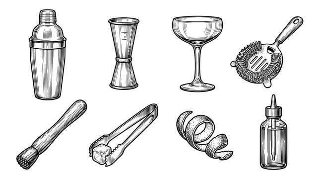 Vintage Hand-Drawn Cocktail Barware Set with Shaker, Jigger, and Tools. Vector Engraving Style Illustration of Professional Bartender Equipment for Mixology, Bar Menu, and Restaurant Branding.