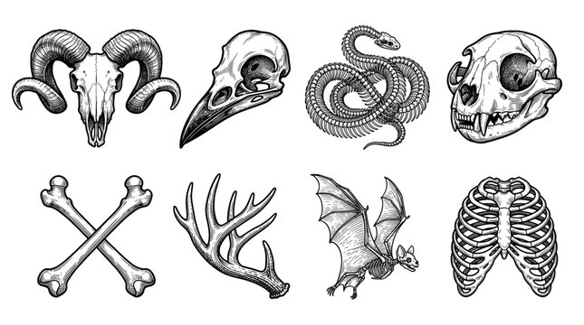 Vintage Hand-Drawn Animal Skulls and Bones Vector Illustration Set. Gothic Collection Featuring Ram Skull, Bird Skull, Snake Skeleton, Cat Skull, Crossbones, Antler, Bat, and Rib Cage.