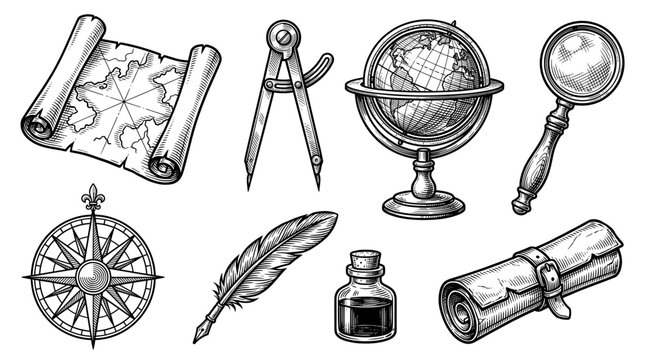 Vintage Cartography and Exploration Tools Vector Collection - Hand-Drawn Engraved Style Elements of Ancient Map, Globe, Compass, Quill Pen, and Magnifying Glass for Navigation History
