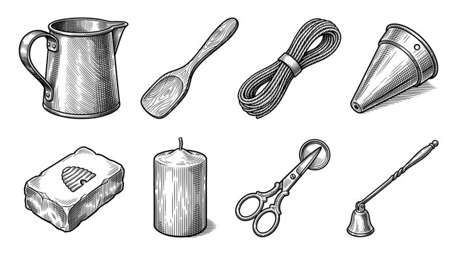 Vintage Engraving Style Vector Illustration Set of Candle Making Tools and Household Objects including Beeswax, Snuffer, and Wick Trimmers