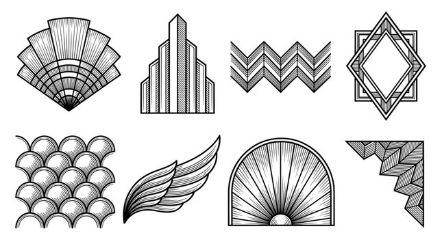 Collection of vintage Art Deco design elements and patterns featuring geometric shapes, sunburst, and wings in retro 1920s style
