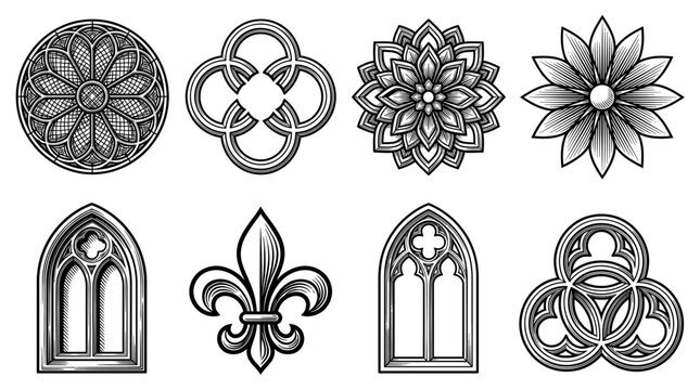 Set of Gothic Architectural Ornaments and Decorative Elements featuring Rose Windows, Lancet Arches, Fleur-de-lis, and Cathedral Tracery in Hand Drawn Engraving Style