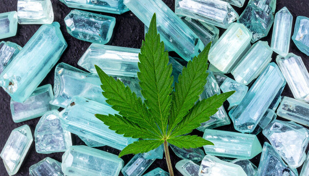 Hemp leaf on raw aquamarine crystals &acirc;&euro;&ldquo; high fidelity close-up