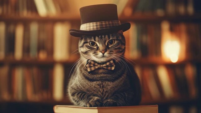 Charming tabby cat wearing a top hat and bow tie sitting in a vintage library, whimsical humor, elegant feline portrait, classy pet, cozy study.
