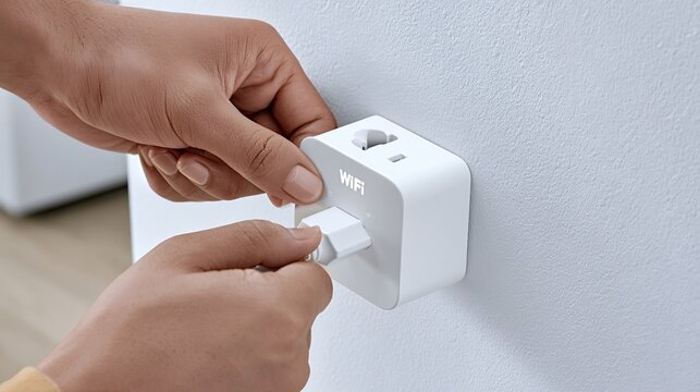 Person's hands connecting a white power plug into a modern smart wifi wall socket, integrating technology into a contemporary home for enhanced connectivity and convenience