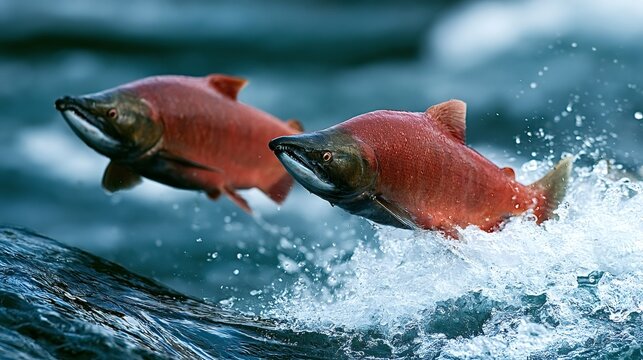 Sockeye salmon are jumping over fast flowing water, struggling upstream against the current during their annual migration to reproduce, showcasing perseverance and wildlife in nature