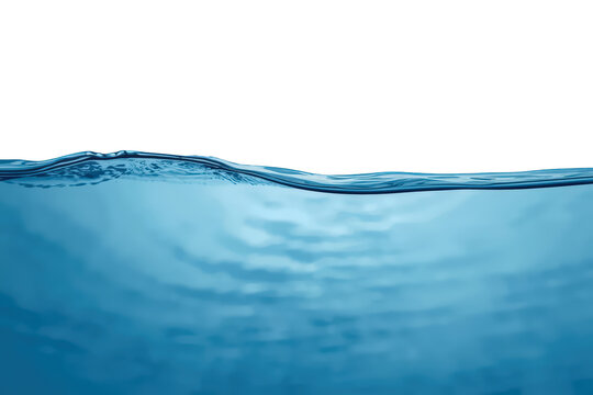 Clear blue water surface flowing with subtle ripples, wave creating a clean liquid boundary, transparent background for design