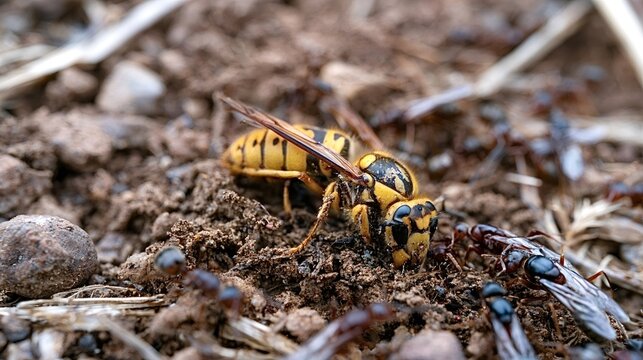 Large yellowjacket wasp losing a fight against numerous attacking red ants on the dark earth, showing a struggle for survival in the insect world