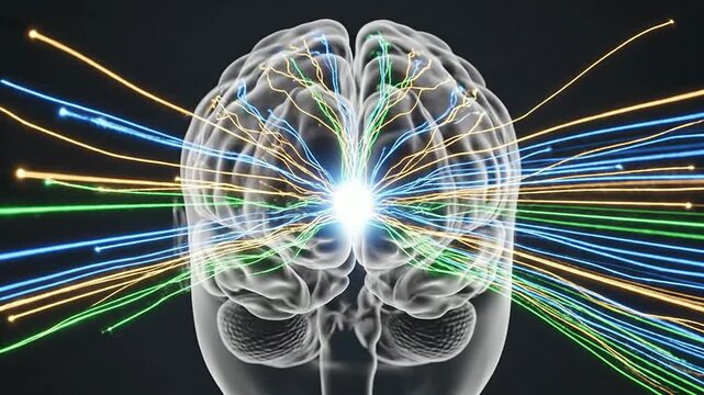 Clinical 3D Visualization of Thalamic Radiation Pathways in the Brain Showcasing Colorful Neural Connections and Light Effects