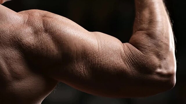 Close-Up Macro Shot of an Older Person's Muscular Arm Showcasing Fine Details of Skin Texture and Strength Against a Dark Background