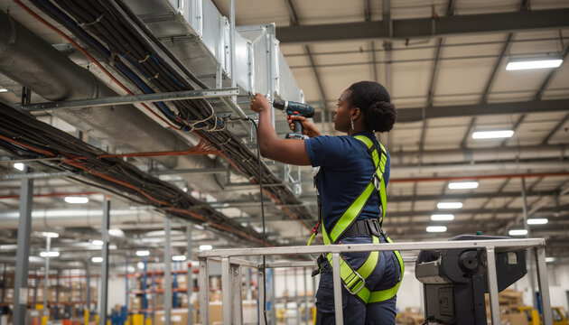 Professional African American female hvac technician wearing a safety harness installing metal ventilation ductwork near a high warehouse ceiling on a lift