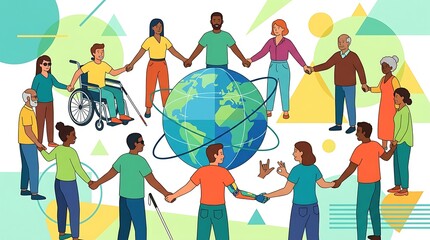 Fototapeta premium Diverse people holding hands around a globe symbolizing unity and inclusivity