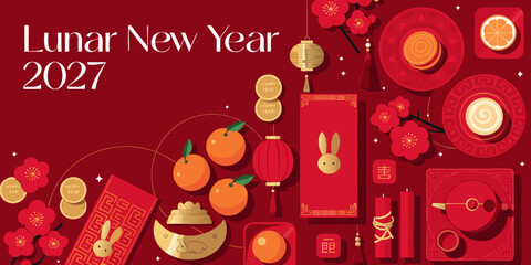 Naklejka premium Lunar new year 2027 flat vector illustration with red packets and traditional decorations celebration tradition illustration background greeting decoration festival auspicious