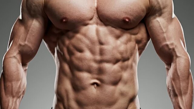Close-Up Of A Muscular Torso Showcasing Abs In Isometric Contraction Against A Gray Gradient Background Ideal For Fitness And Health Promotions