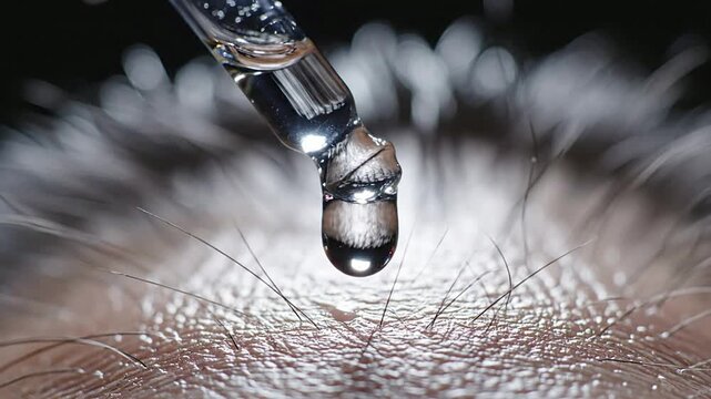 Close-Up of a Single Clear Medical Serum Droplet Suspended from a Glass Dropper Above Textured Surface Showcasing Health and Skincare Benefits