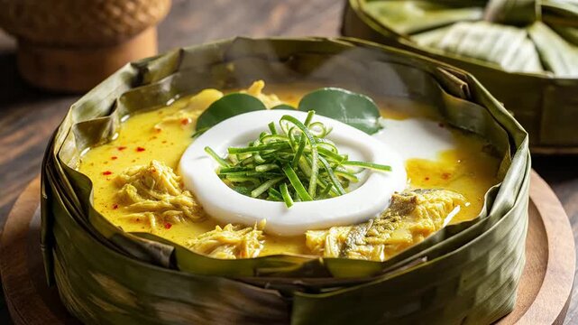 Close-Up Of Cambodian Fish Amok Served In A Steamed Banana Leaf Bowl Garnished With Coconut Cream And Green Herbs On A Wooden Table
