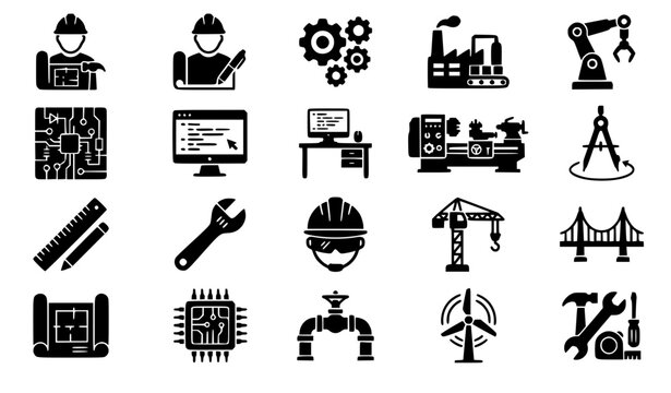 Civil engineering mechanical manufacturing and technical drafting icons collection with lathe machine gears pipeline microchip computer compass bridge and windmill graphics