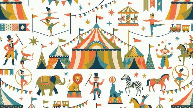 Fun illustration of many circus acts with entertainers and animals under striped tents