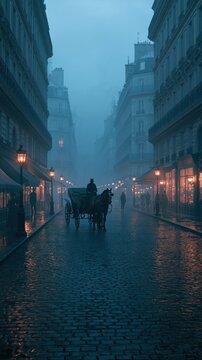 Paris France Europe lifestyle. A moody, atmospheric depiction of a Parisian street scene at dusk.