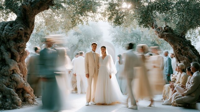 Paris France Europe lifestyle. A wedding photograph captures a bride and groom walking through an olive grove. The bride wears a flowing white gown with a deep Vneckline and long sleeves.