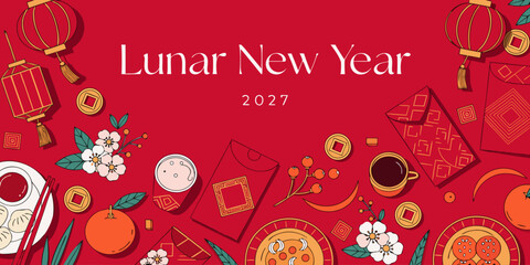 Fototapeta premium Lunar new year 2027 elegant red background with traditional elements celebration envelope oriental decoration tradition festival background greeting illustration dumpling prosperity