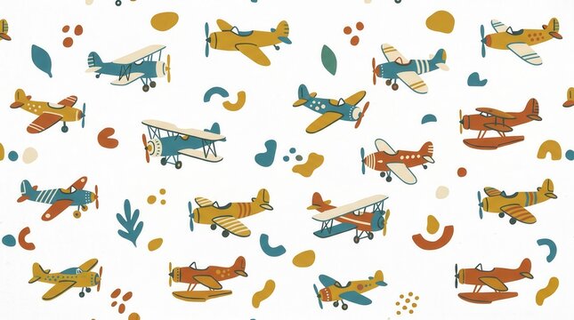 Various stylized airplanes in yellow blue and orange repeat as a charming pattern on white