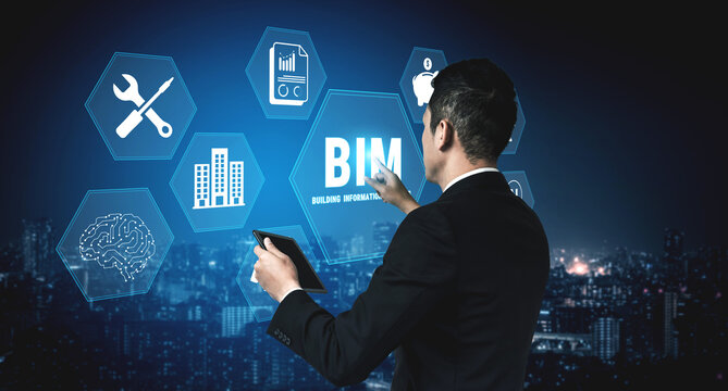 Businessman Interacting with Digital Interface Representing Building Information Modeling Concepts and Tools in a Modern Urban Setting. Glyphic.