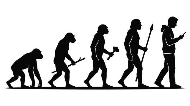Detailed vector illustration showing the human evolution progression from ancient primates to modern smartphone users