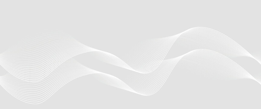 Gray background with smooth gradient and white wave lines. The background is sleek and modern, featuring gray color and subtle texture. Wave background vector. White background.