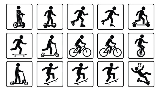 A detailed vector graphic illustration showing various icons of people using modern urban transportation devices