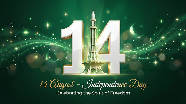 Modern Pakistan Independence Day Poster
Create a premium Pakistan Independence Day poster featuring the number "14" in large 3D white typography, with the Minar-e-Pakistan integrated between the digit