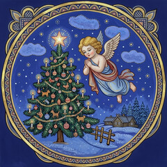 Naklejka premium Christmas card. Beautiful round composition with an angel flying next to a glowing christmas tree decorated with candles and toys against a starry winter night sky and small village.