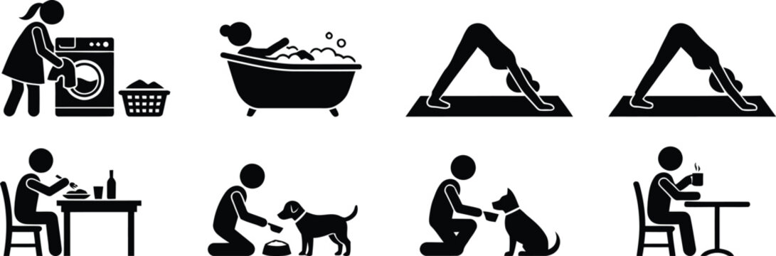 Black silhouette icons of people doing daily activities
