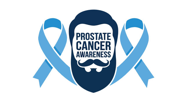 Flat vector illustration featuring a bearded man silhouette and blue ribbons for prostate cancer awareness month