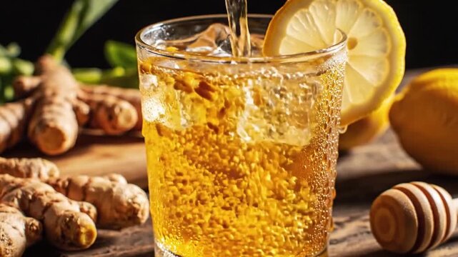 Cold ginger ale pouring into a glass with ice cubes, garnished with a fresh lemon slice. Refreshing homemade soda with natural ingredients like ginger root and honey on a wooden table