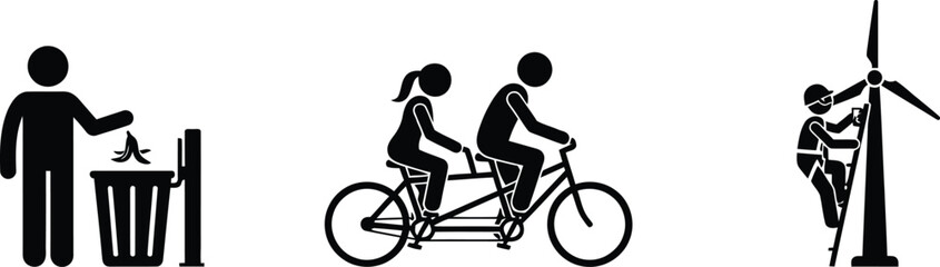 Black silhouette icons of people eco friendly actions © NasimaAktar