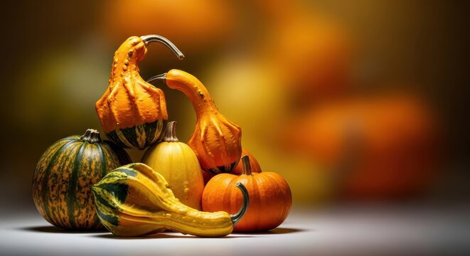 A vibrant, rich display of orange, yellow, and green pumpkins and gourds symbolizing the bounty of the harvest season and festive abundance, seasonal, wooden, green